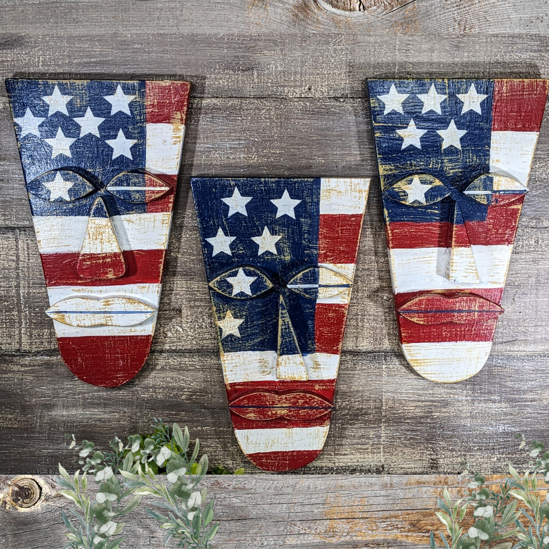 Patriotic Weathered Flag Tiki Mask Set, Tiki Bar Signs, Red White And Blue Wooden Masks, July 4th Party Accents, Rustic USA Man Cave Decor