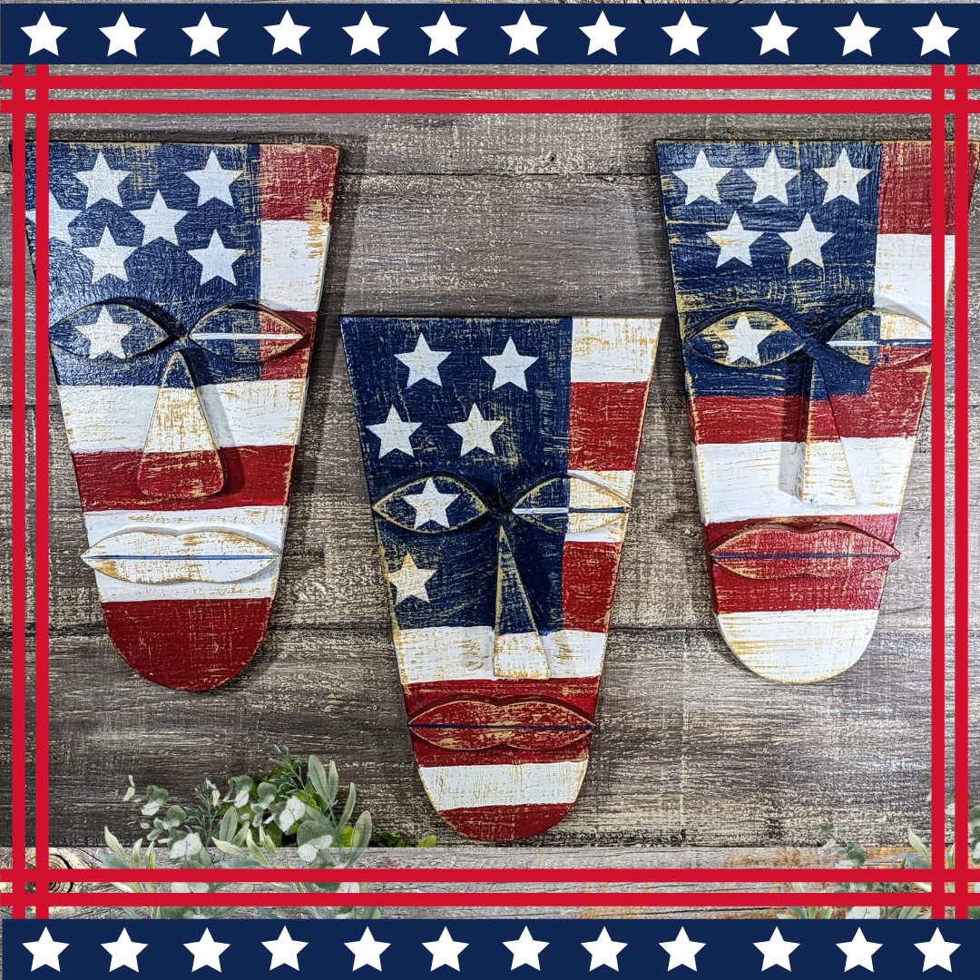 Patriotic Weathered Flag Tiki Mask Set, Tiki Bar Signs, Red White And Blue Wooden Masks, July 4th Party Accents, Rustic USA Man Cave Decor