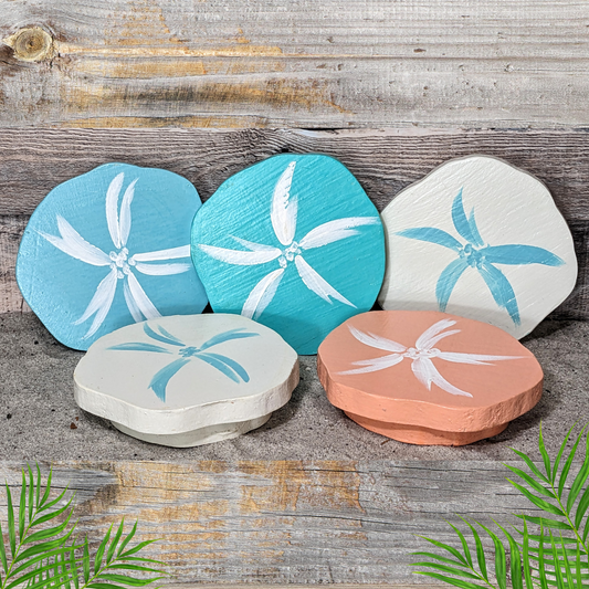 Coastal Farmhouse Housewarming Gift Idea Ocean Themed Sand Dollar Tiered Tray Riser Mini Rustic Wood Candle Platform Beach House Style