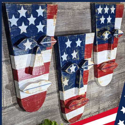 Patriotic Weathered Flag Tiki Mask Set, Tiki Bar Signs, Red White And Blue Wooden Masks, July 4th Party Accents, Rustic USA Man Cave Decor