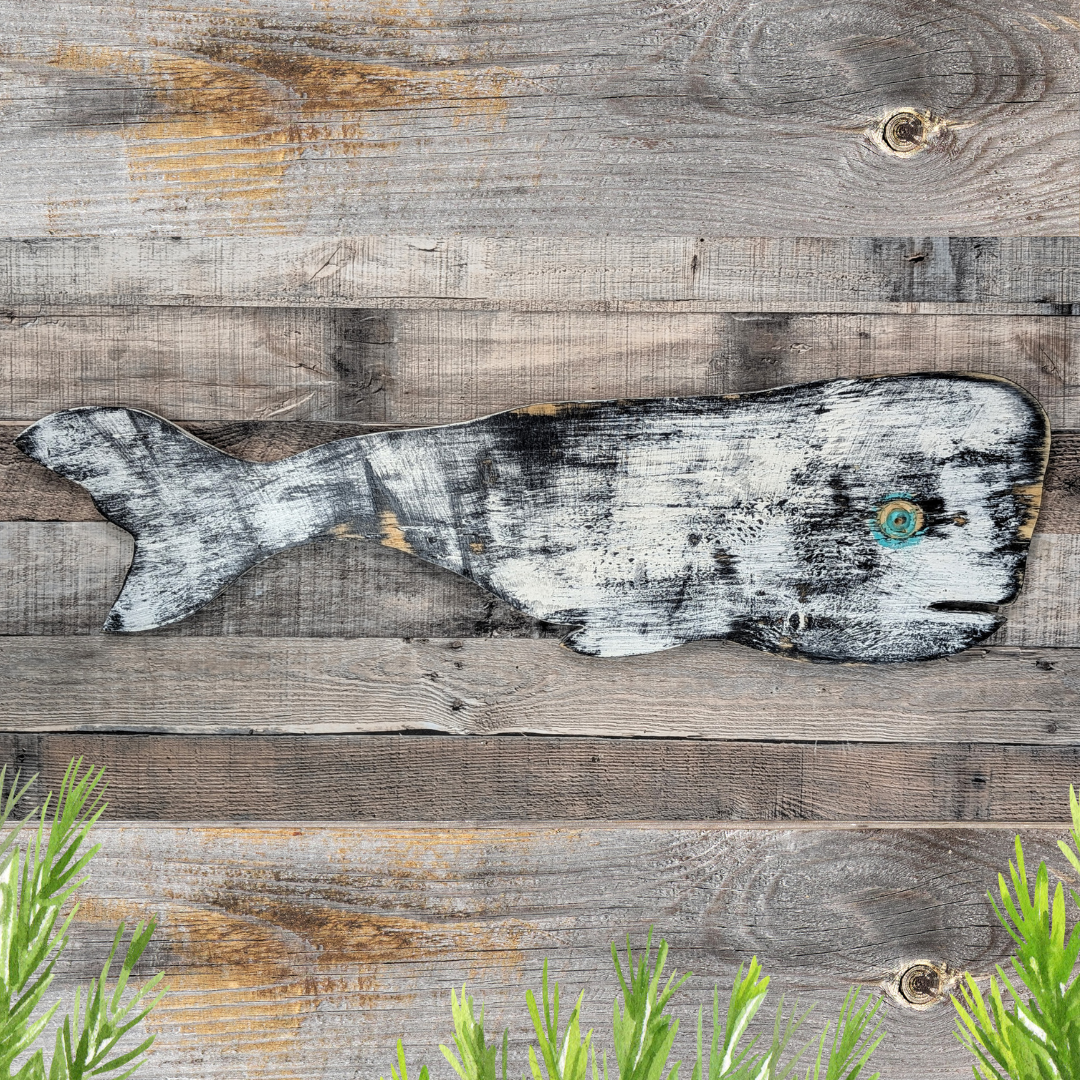Primitive Wood Whale Ocean Themed Nursery Accent Rustic Wooden Whale Nautical Coastal Living Housewarming Gift Idea Black & White Wall Decor