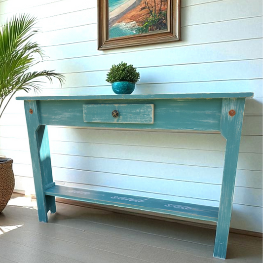 Narrow Coastal Hallway Table Small Space Skinny Furniture Weathered Style Beach House Decor Open House Home Staging Accent Bathroom Storage