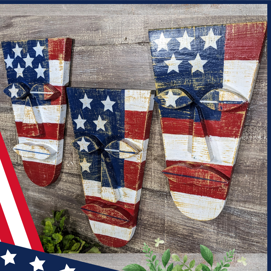 Patriotic Weathered Flag Tiki Mask Set, Tiki Bar Signs, Red White And Blue Wooden Masks, July 4th Party Accents, Rustic USA Man Cave Decor