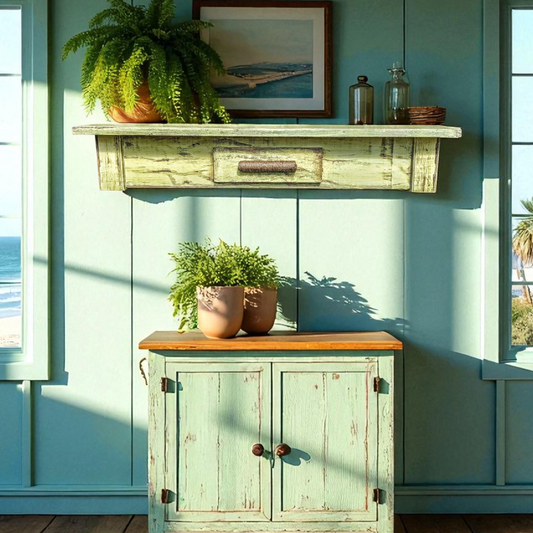 Tropical Wooden Shelf Cottage Core Photo Ledge Coastal Farmhouse Cook Book Holder Powder Room Storage Bathroom Decor