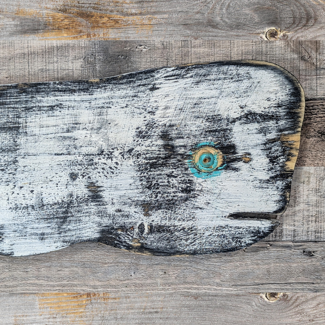 Primitive Wood Whale Ocean Themed Nursery Accent Rustic Wooden Whale Nautical Coastal Living Housewarming Gift Idea Black & White Wall Decor