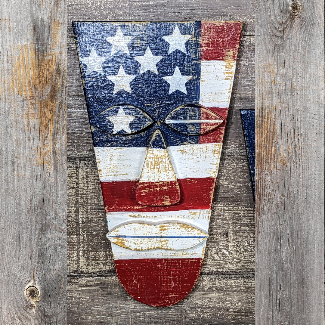 Patriotic Weathered Flag Tiki Mask Set, Tiki Bar Signs, Red White And Blue Wooden Masks, July 4th Party Accents, Rustic USA Man Cave Decor