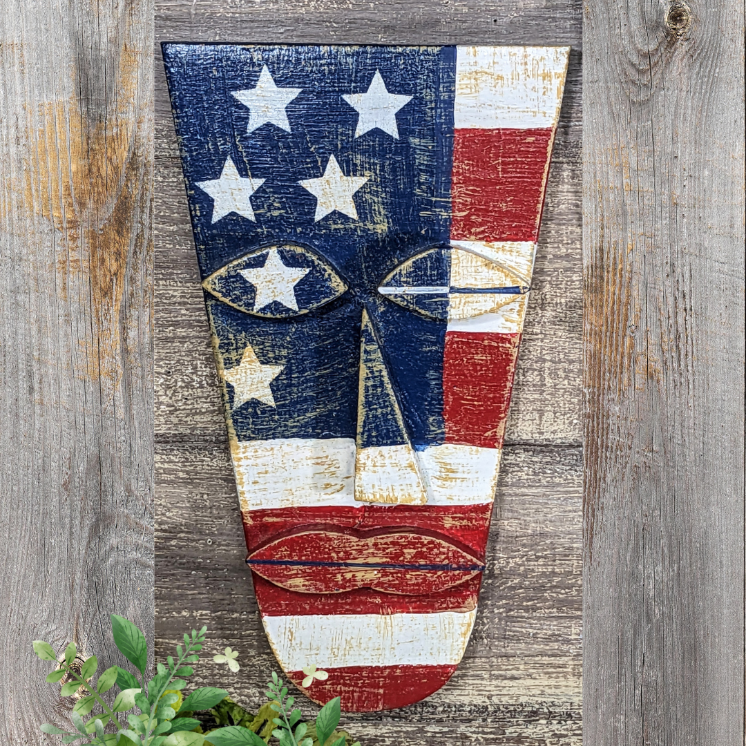Patriotic Weathered Flag Tiki Mask Set, Tiki Bar Signs, Red White And Blue Wooden Masks, July 4th Party Accents, Rustic USA Man Cave Decor