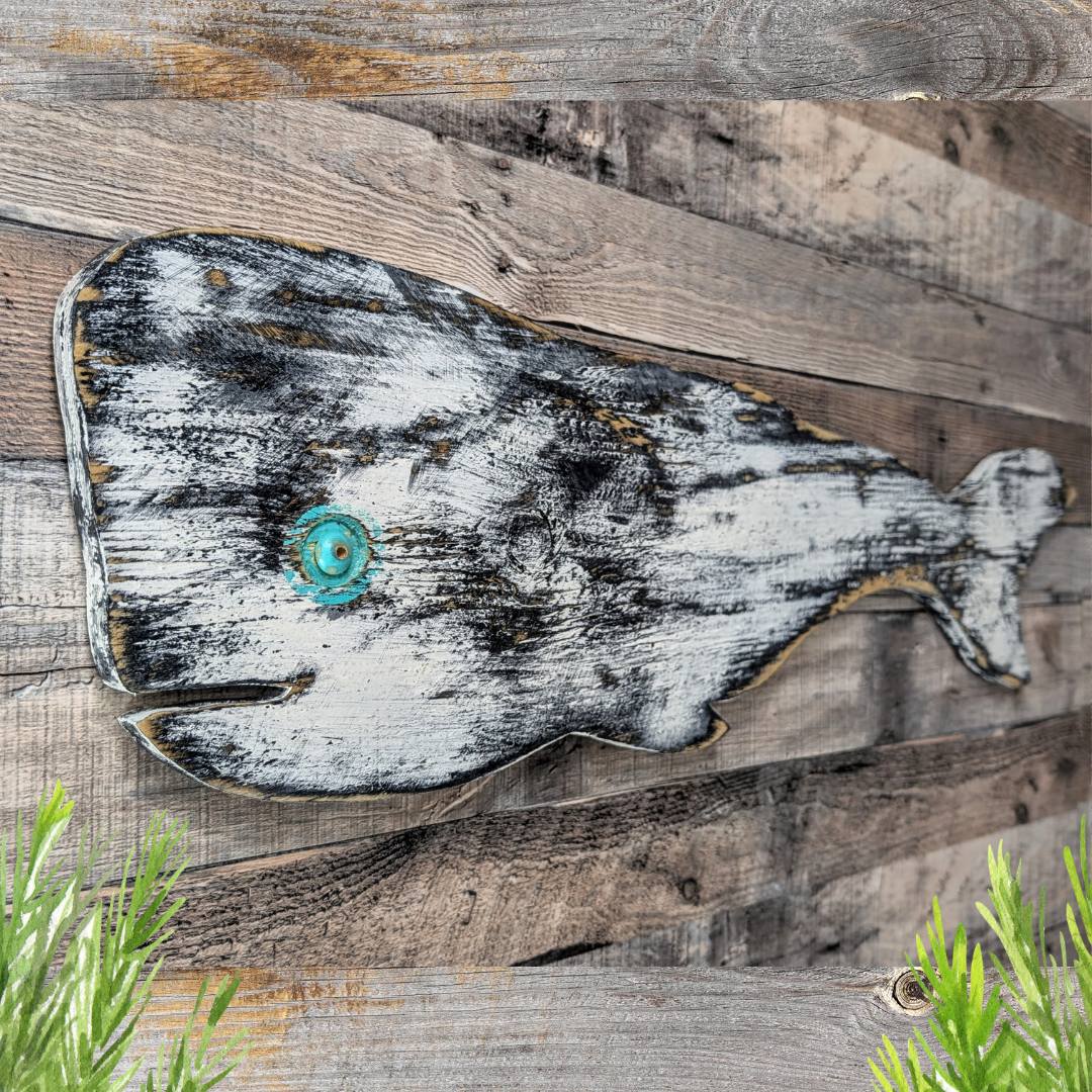 Primitive Wood Whale Ocean Themed Nursery Accent Rustic Wooden Whale Nautical Coastal Living Housewarming Gift Idea Black & White Wall Decor