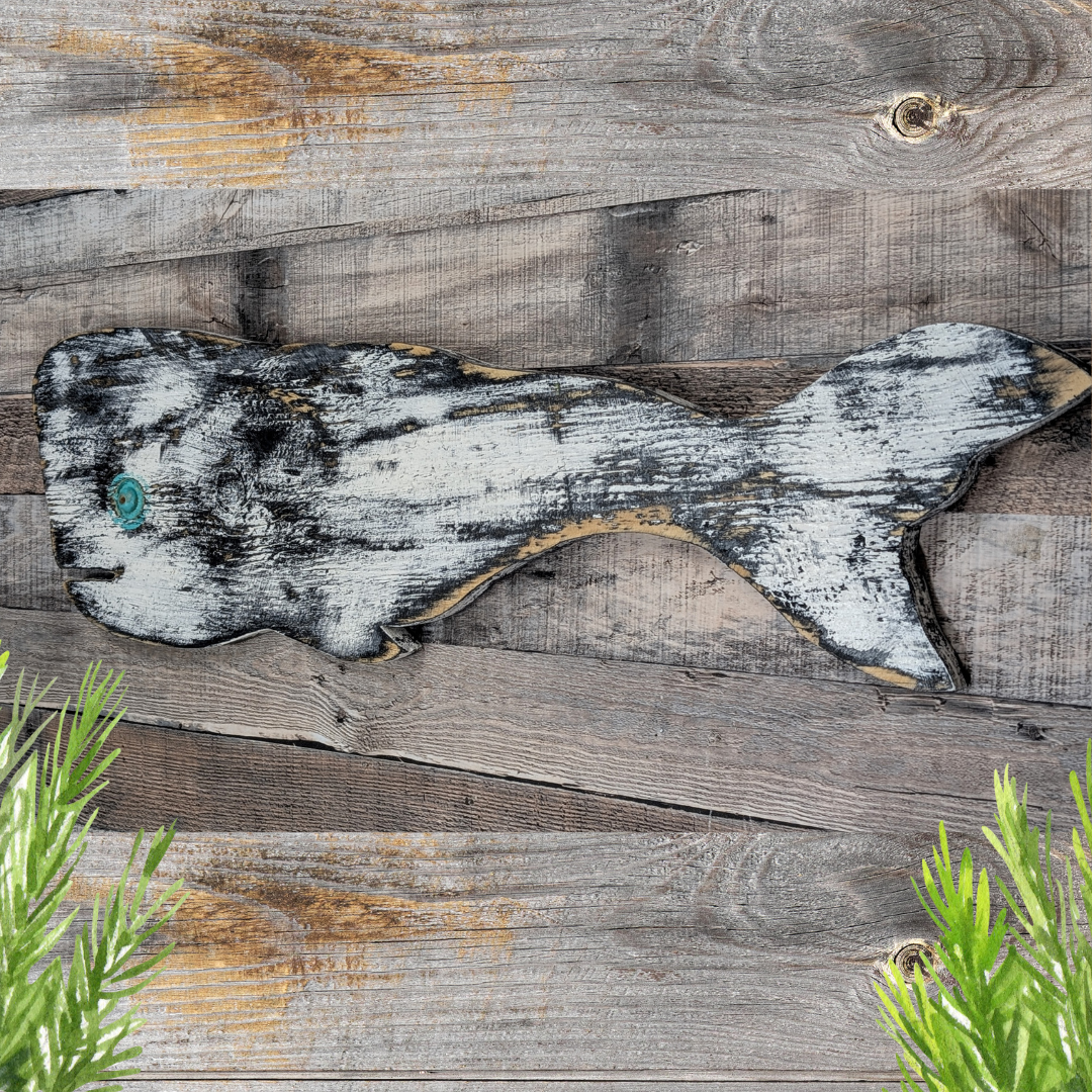 Primitive Wood Whale Ocean Themed Nursery Accent Rustic Wooden Whale Nautical Coastal Living Housewarming Gift Idea Black & White Wall Decor