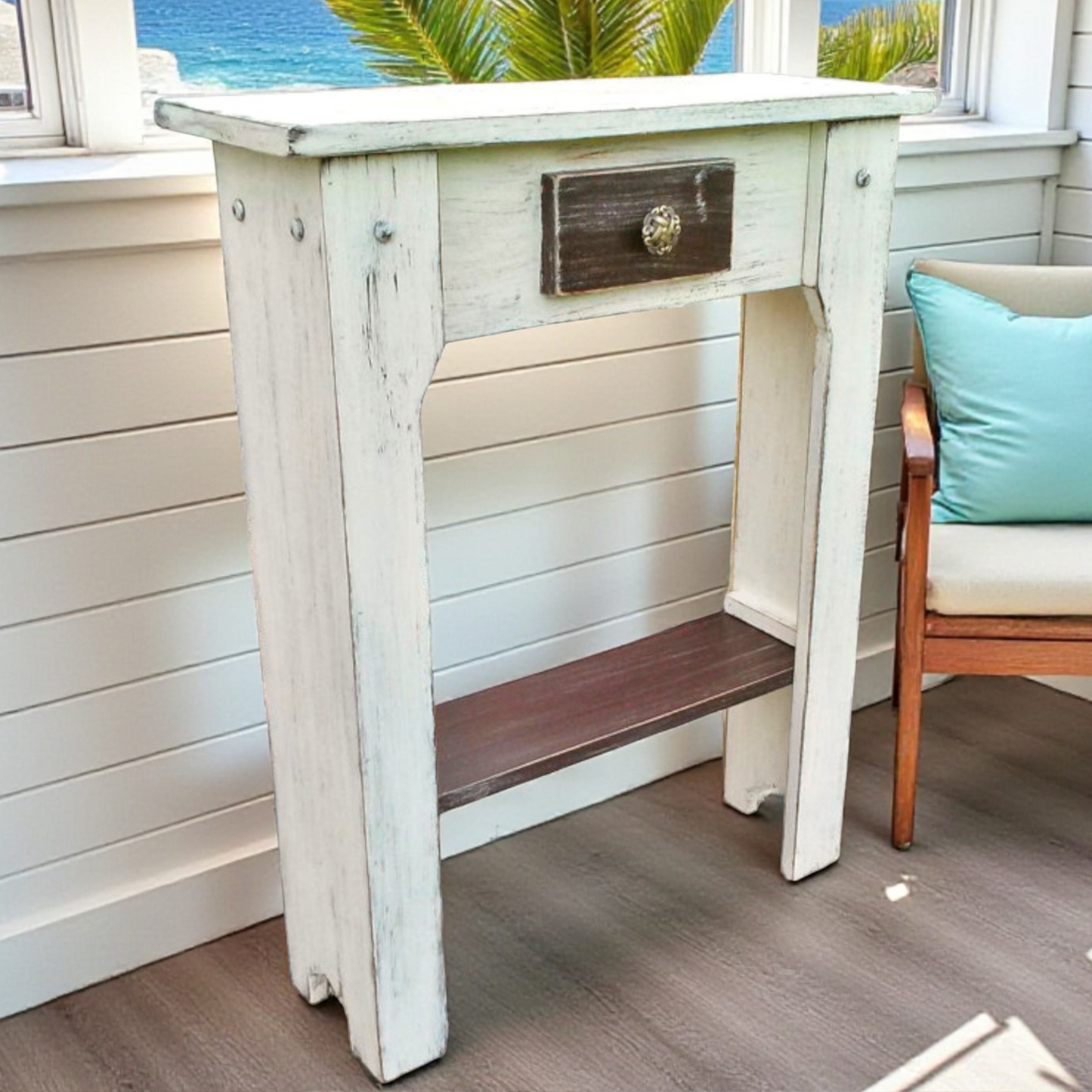 Skinny Hallway Wood Furniture Narrow Entry Small Space Table Powder Room Towel Storage Shelf Rustic Country Style Vacation Home Staging