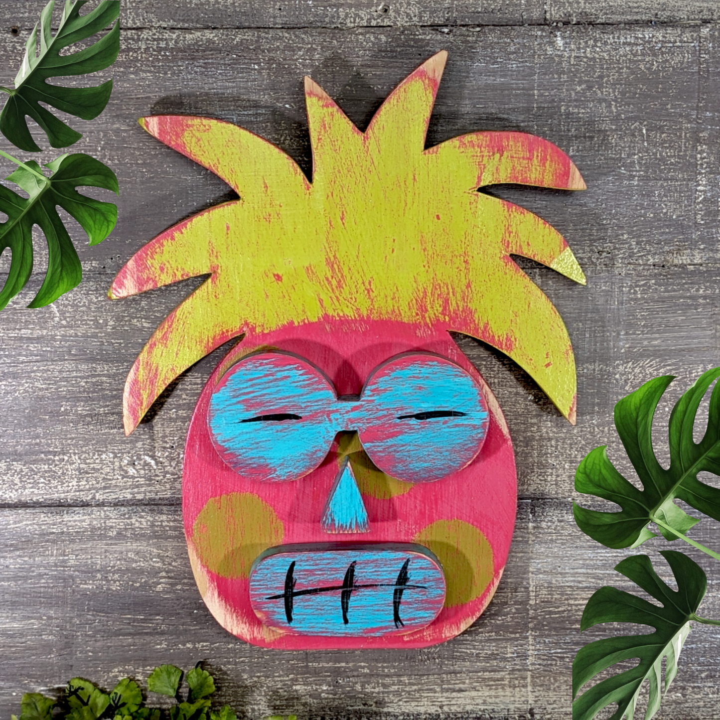 Beach Comber Pineapple Tiki Mask Whimsical Sun Worshipper Game Room Bar Sign Hawaiian Tiki Wall Hanging Wedding Accent Beach Bum Decor