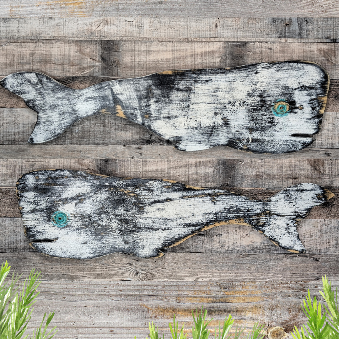 Primitive Wood Whale Ocean Themed Nursery Accent Rustic Wooden Whale Nautical Coastal Living Housewarming Gift Idea Black & White Wall Decor