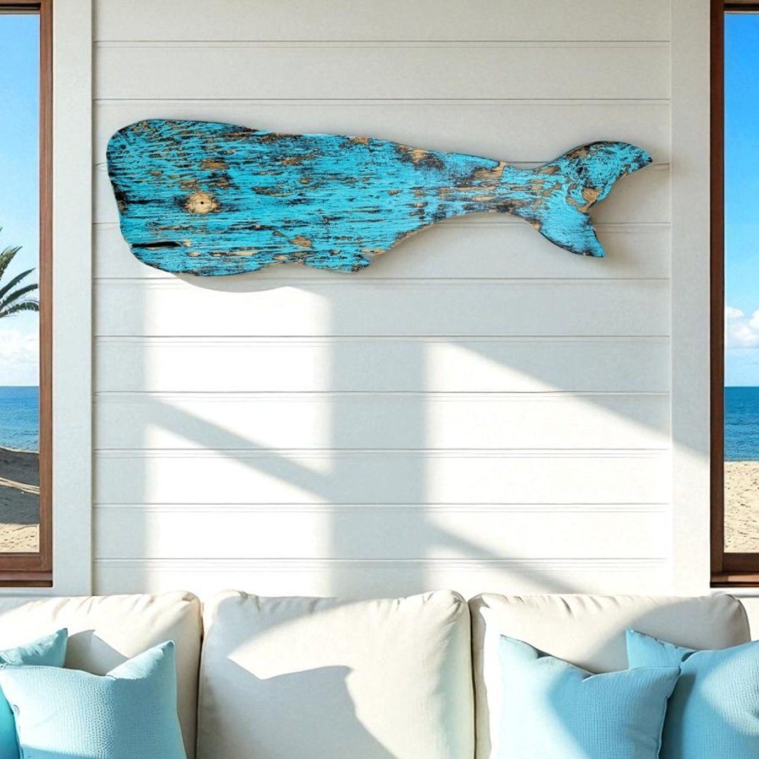 Primitive Coastal Whale Ocean Themed Nursery Accent Rustic Wooden Whale Nautical Housewarming Gift Idea Beach House Entrance Wall Decor