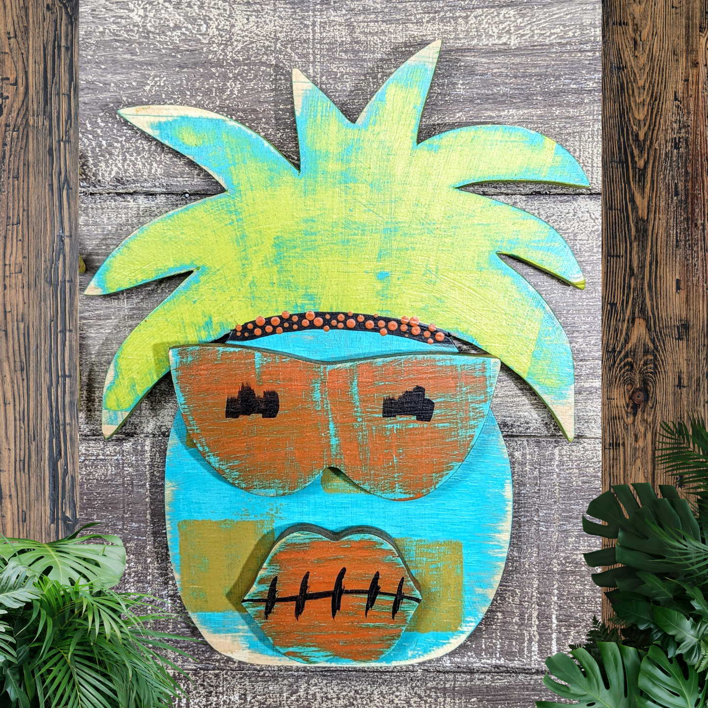 Beach Comber Pineapple Tiki Mask Whimsical Sun Worshipper Game Room Bar Sign Hawaiian Tiki Wall Hanging Wedding Accent Beach Bum Decor