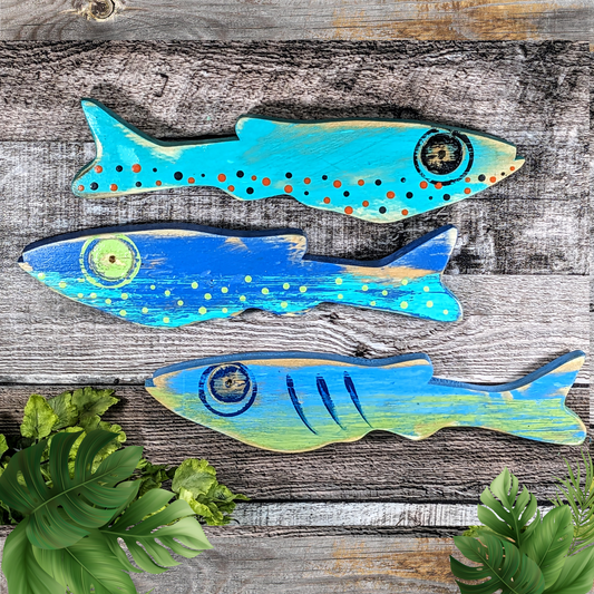 Coral Reef Blues Whimsical School Of Fish Nautical Nursery Minnow Wall Decor Ocean Themed Beach Lover Gift Idea Wooden Fish Accent