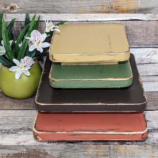 Rustic Display Risers in Warm Earth Tones Wooden Platform Serving Trays Large Candle Stand Tiered Tray Pedestal Accent