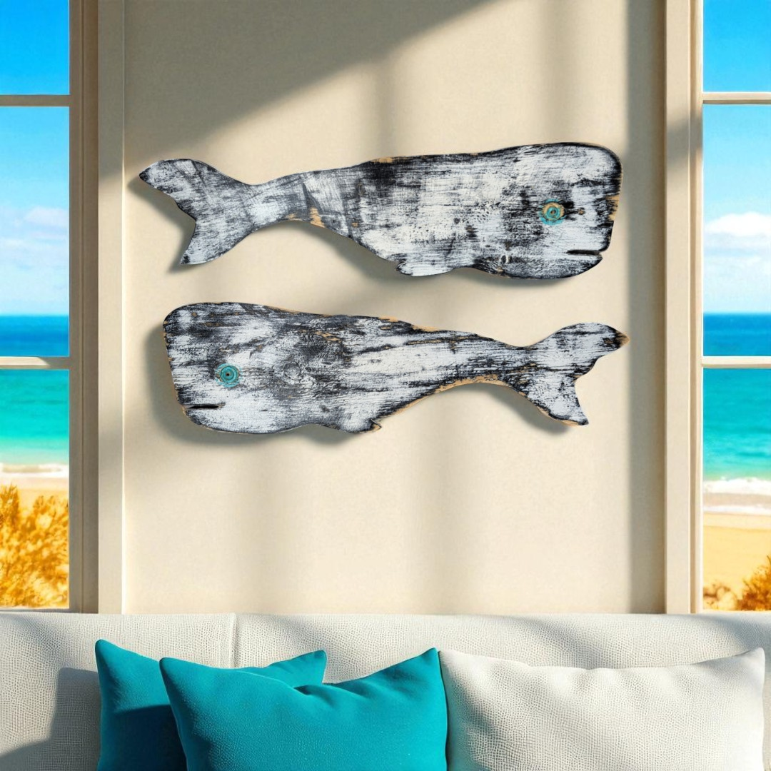 Primitive Wood Whale Ocean Themed Nursery Accent Rustic Wooden Whale Nautical Coastal Living Housewarming Gift Idea Black & White Wall Decor
