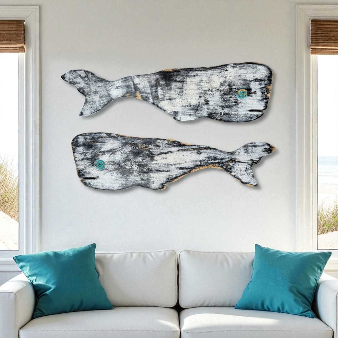 Primitive Wood Whale Ocean Themed Nursery Accent Rustic Wooden Whale Nautical Coastal Living Housewarming Gift Idea Black & White Wall Decor