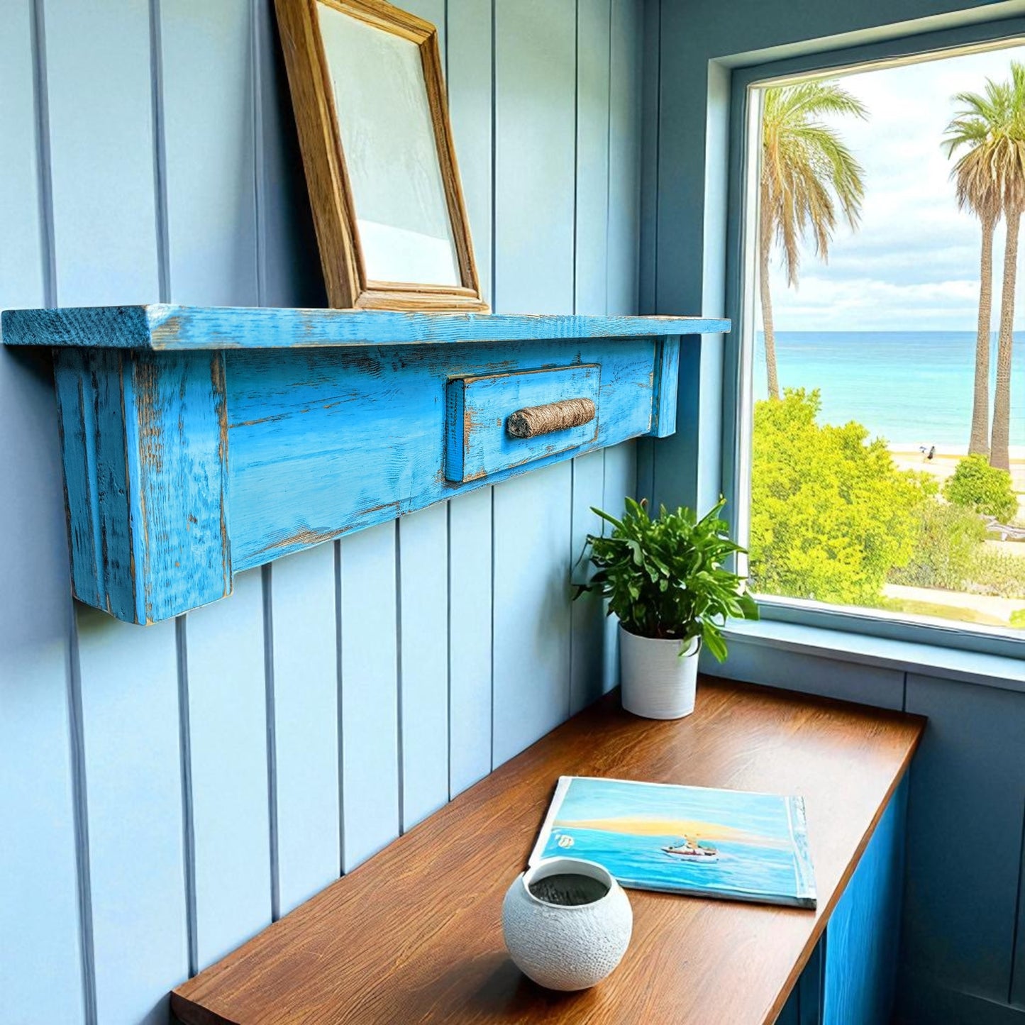 Island Style Extra Rustic Wooden Shelf Bathroom Decor Country Cottage Photo Ledge Coastal Farmhouse Cook Book Holder Powder Room Storage