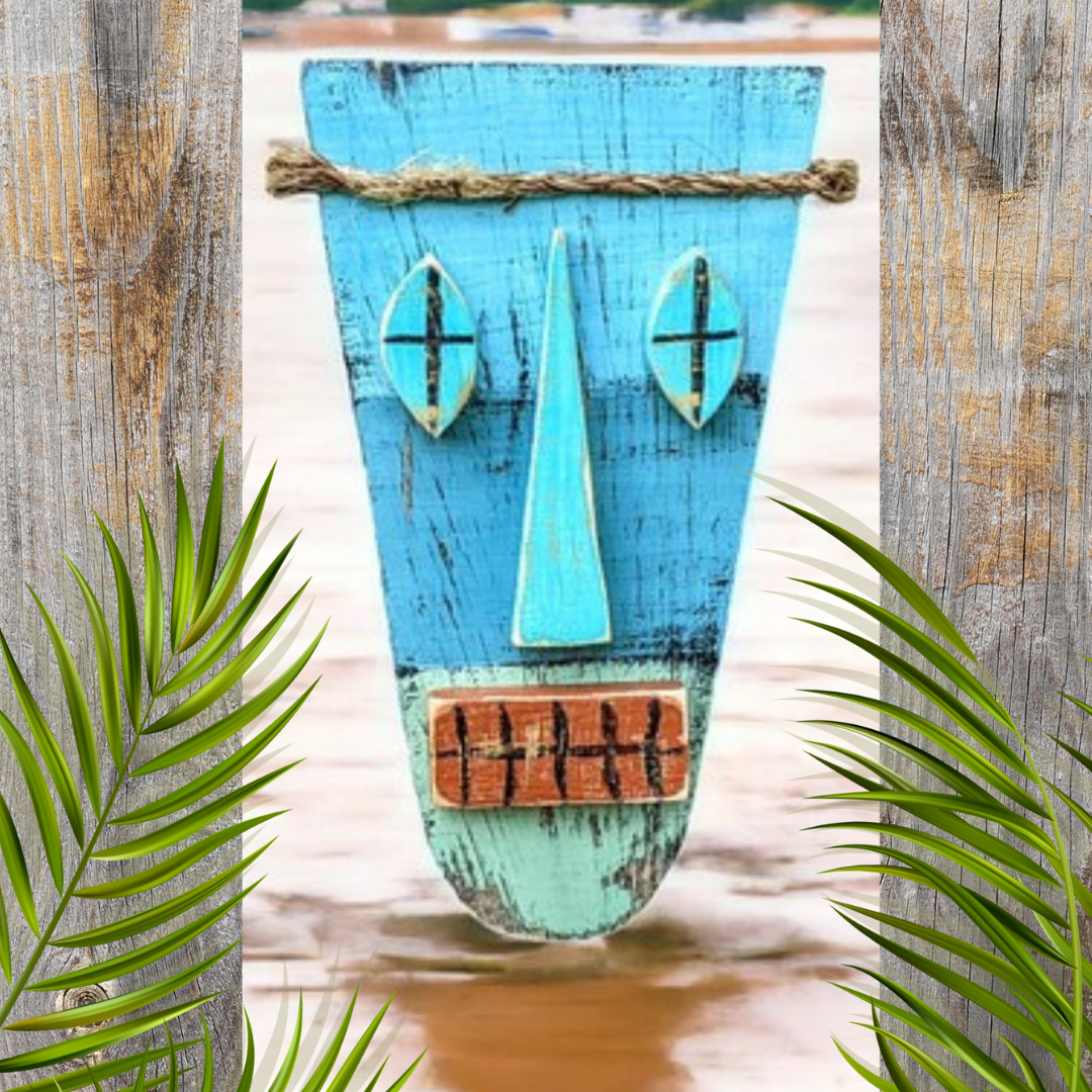 Tropical Tiki Bar Decor Island Style Wooden Tribal Mask Set Rustic Coastal Beach Wedding Accent Hawaiian Wall Hanging Whimsical Gift idea