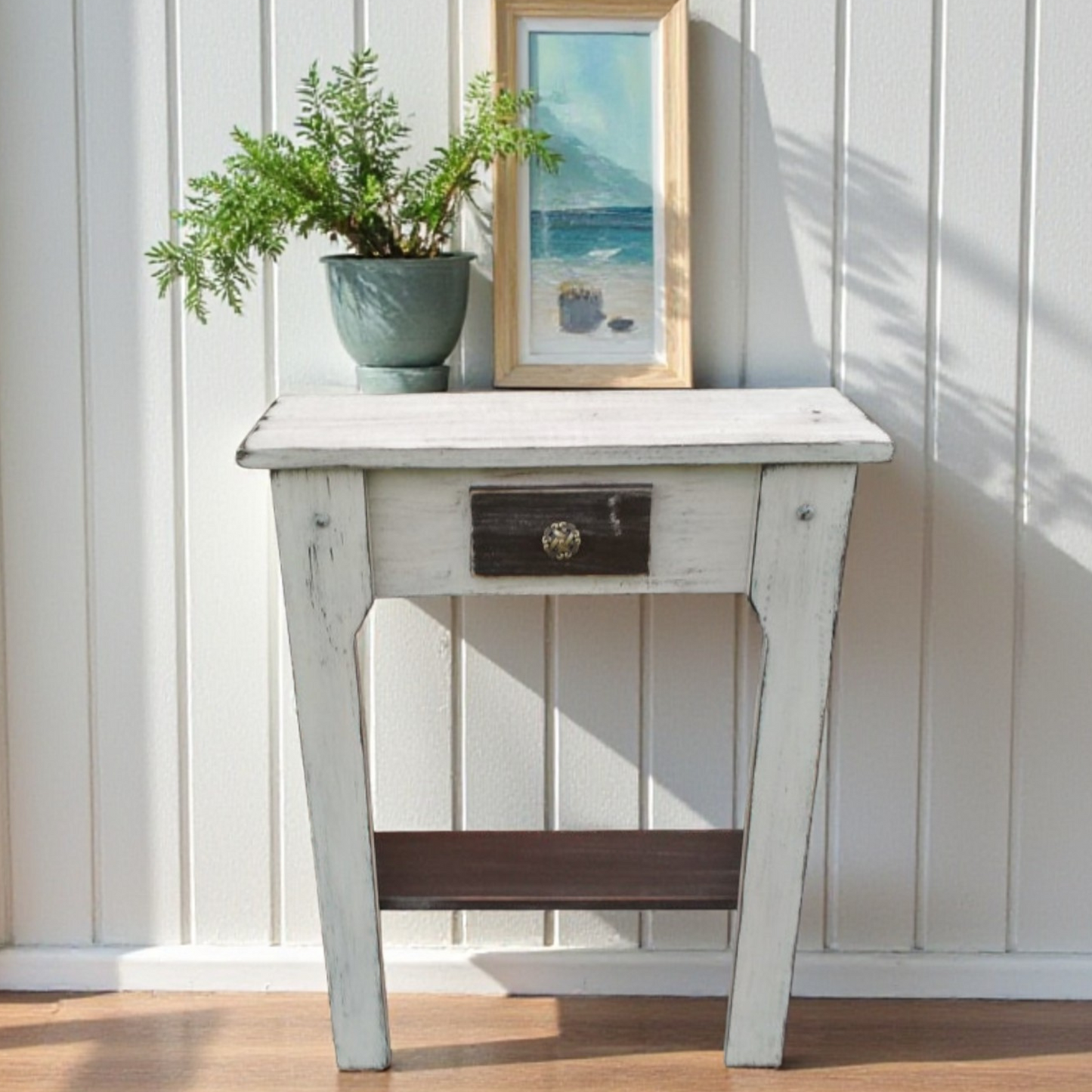 Skinny Hallway Wood Furniture Narrow Entry Small Space Table Powder Room Towel Storage Shelf Rustic Country Style Vacation Home Staging