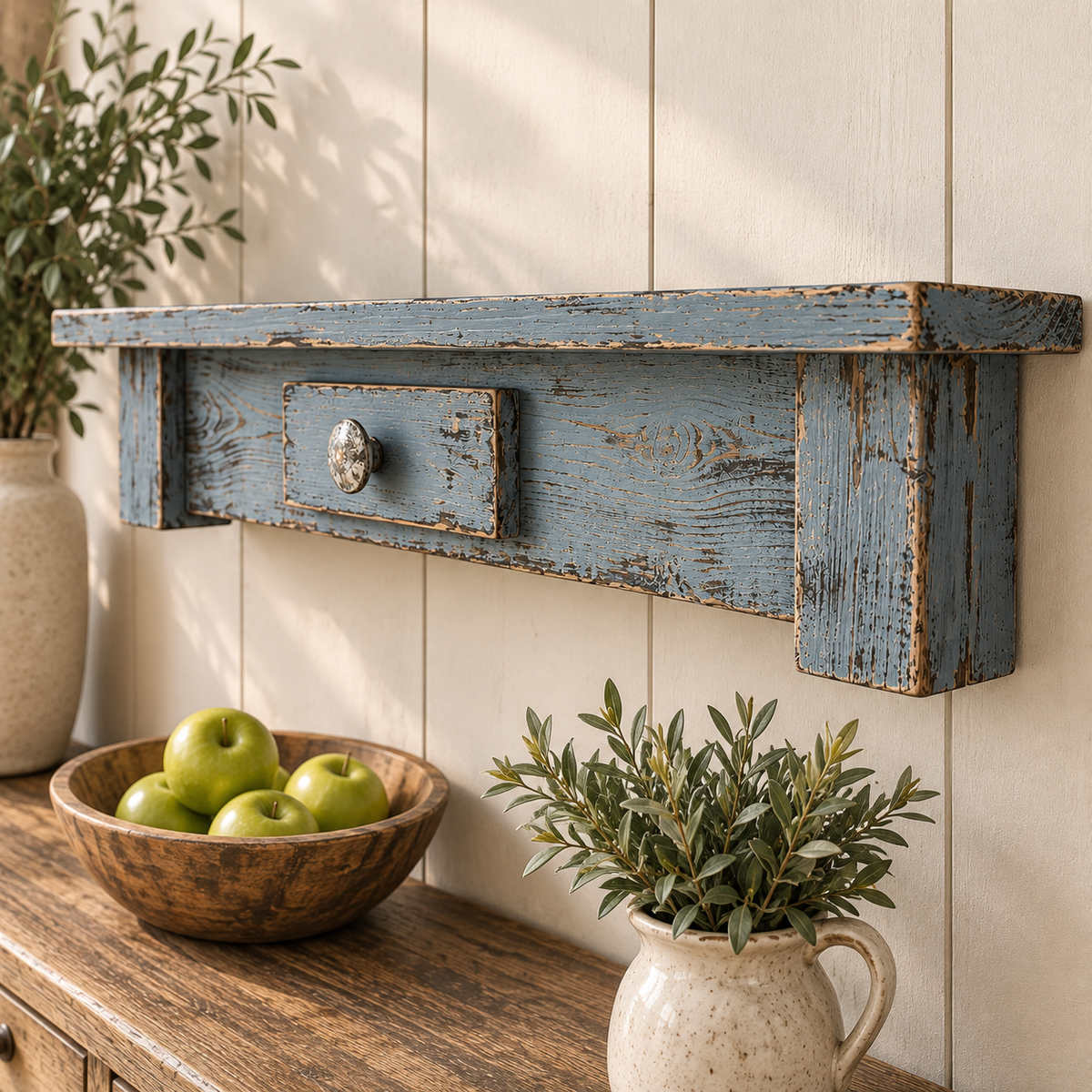 Rustic Cottage Kitchen Shelf, Blue Smoke