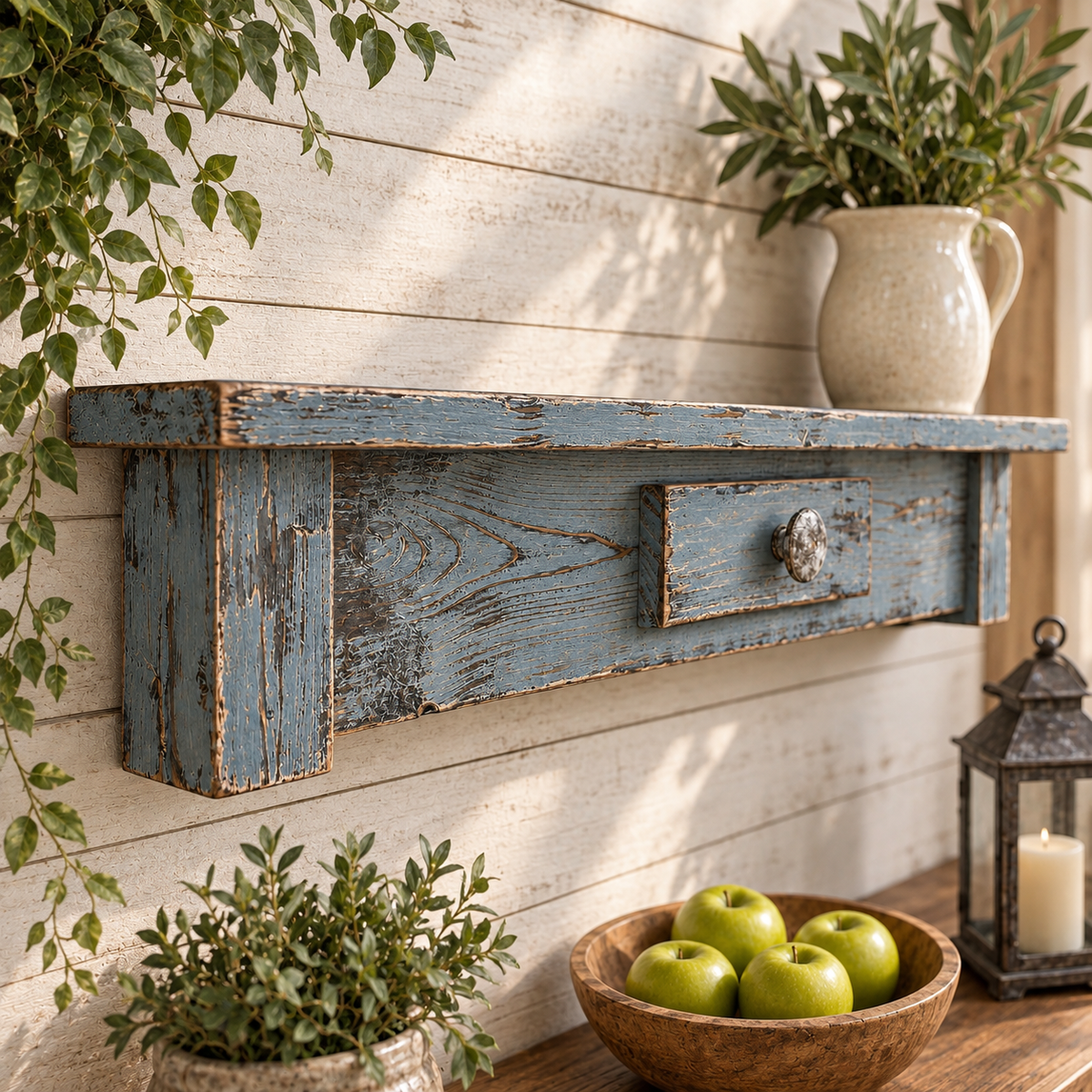 Rustic Cottage Kitchen Shelf, Blue Smoke