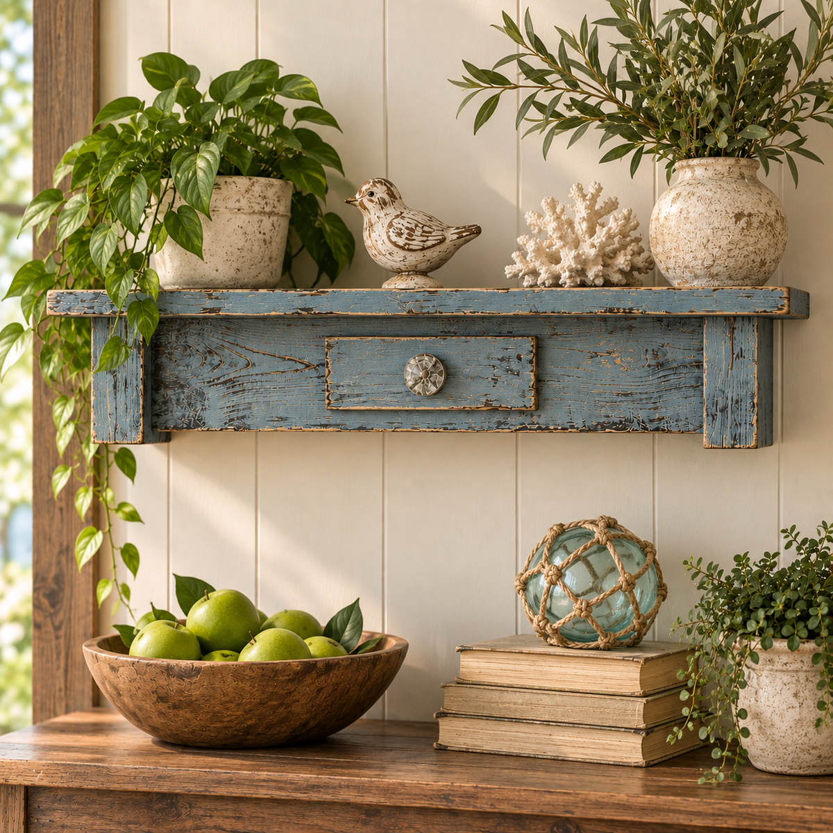 Rustic Cottage Kitchen Shelf, Blue Smoke