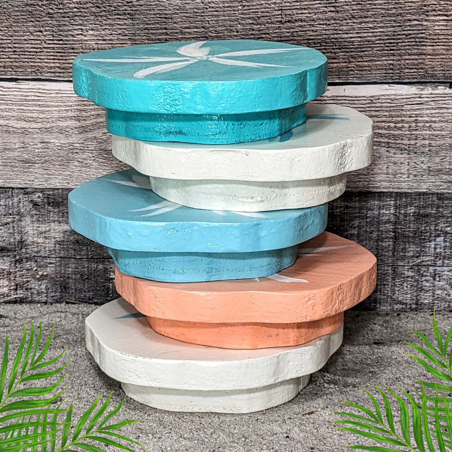Coastal Farmhouse Housewarming Gift Idea Ocean Themed Sand Dollar Tiered Tray Riser Mini Rustic Wood Candle Platform Beach House Style
