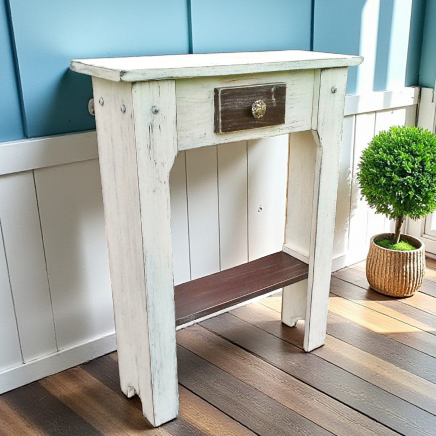 Skinny Hallway Wood Furniture Narrow Entry Small Space Table Powder Room Towel Storage Shelf Rustic Country Style Vacation Home Staging