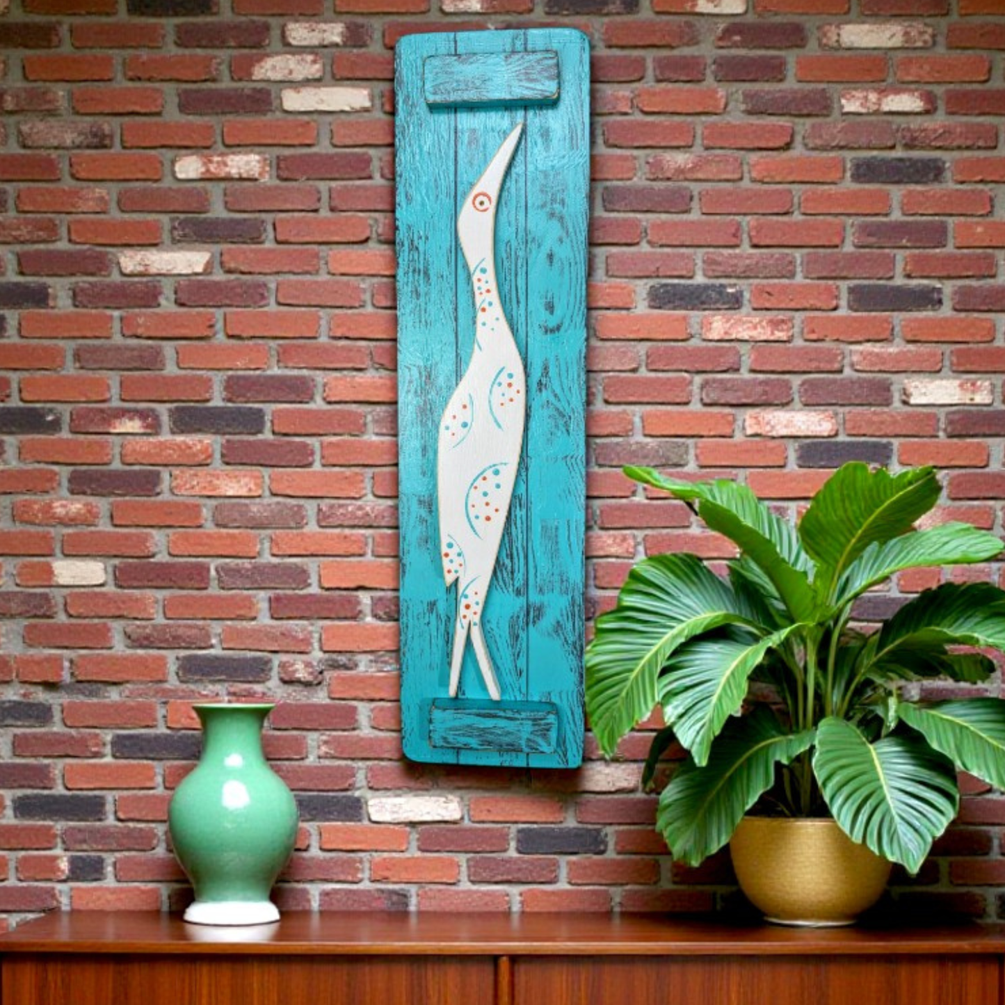 Mid-Century Bird Summer Room Accent Modern Home Staging Spring Mantel Decorating Idea Small Apartment Decor Rustic Island Egret Wall Hanging