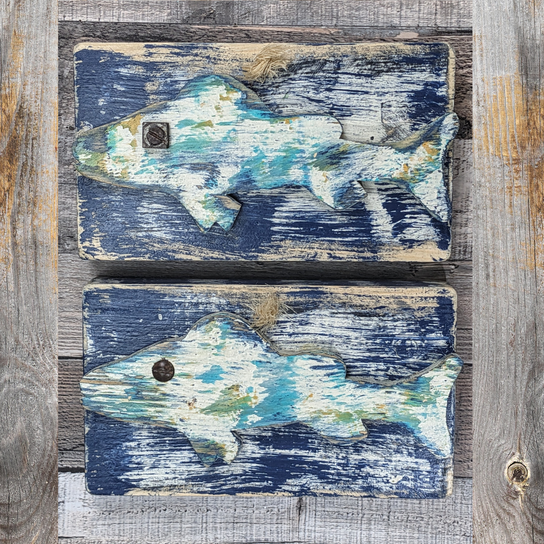 2 Piece Rustic Fish Decor, Heavily Weathered Style Wall Hangings