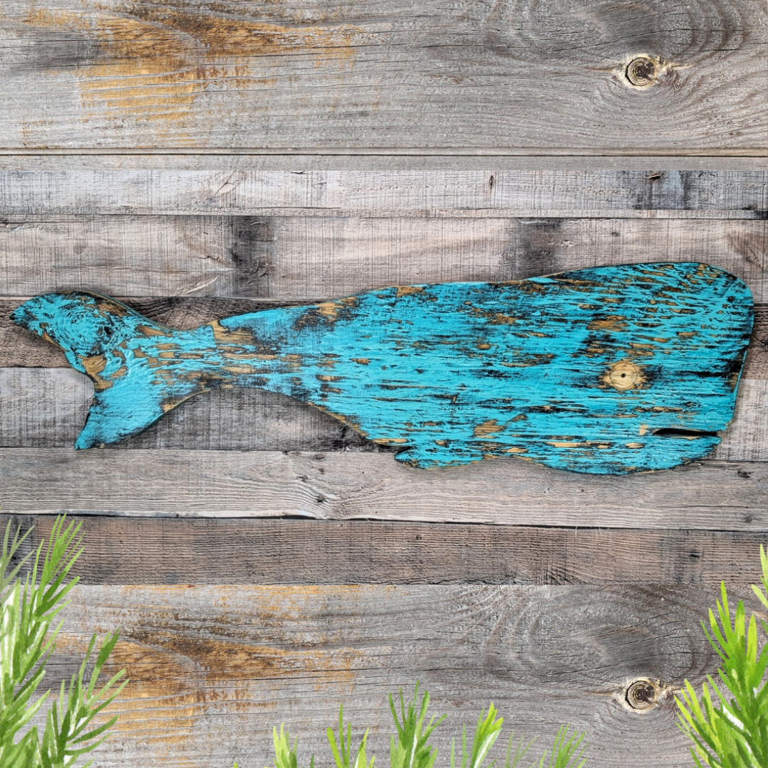 Primitive Coastal Whale Ocean Themed Nursery Accent Rustic Wooden Whale Nautical Housewarming Gift Idea Beach House Entrance Wall Decor