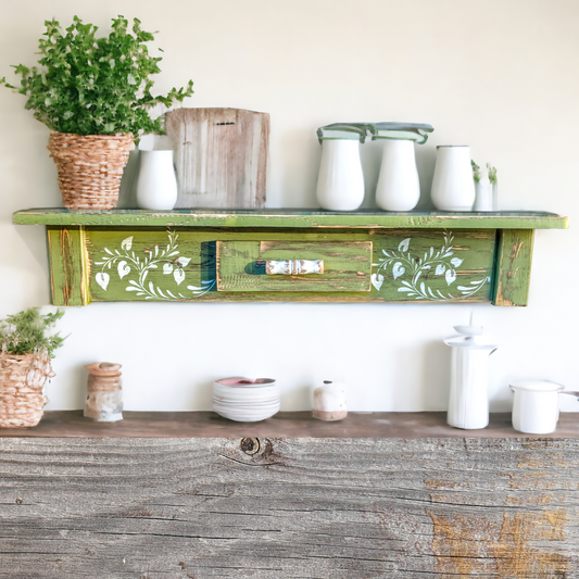 Vintage Inspired Handcrafted Wooden Shelf with Stenciled Rustic Country Charm Wooden Shelf Cottage Core Farmhouse Wall Decor Storage Shelf