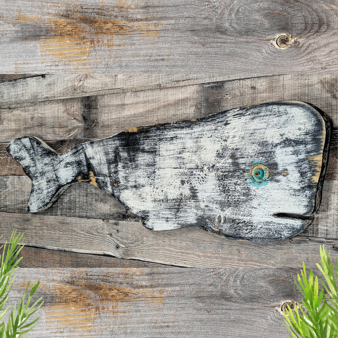 Primitive Wood Whale Ocean Themed Nursery Accent Rustic Wooden Whale Nautical Coastal Living Housewarming Gift Idea Black & White Wall Decor
