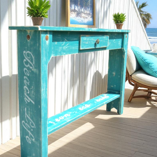 Narrow Coastal Hallway Table Small Space Skinny Furniture Weathered Style Beach House Decor Open House Home Staging Accent Bathroom Storage
