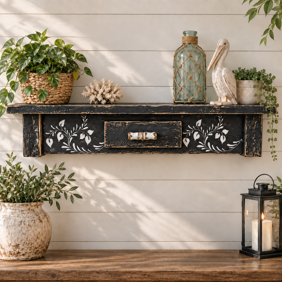 Rustic Black Wooden Shelf with Vine Stenciling