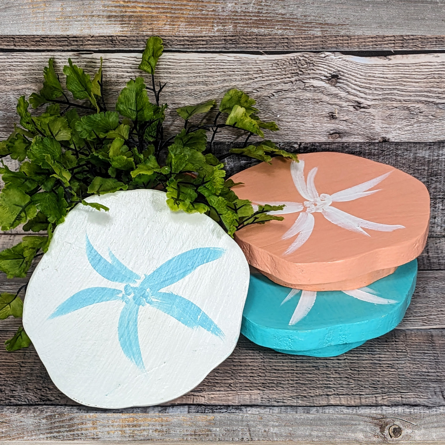 Coastal Farmhouse Housewarming Gift Idea Ocean Themed Sand Dollar Tiered Tray Riser Mini Rustic Wood Candle Platform Beach House Style