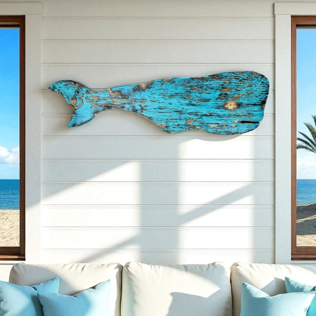Primitive Coastal Whale Ocean Themed Nursery Accent Rustic Wooden Whale Nautical Housewarming Gift Idea Beach House Entrance Wall Decor
