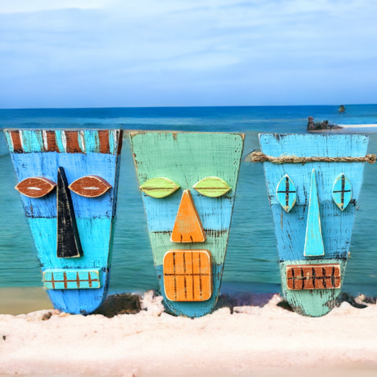 Tropical Tiki Bar Decor Island Style Wooden Tribal Mask Set Rustic Coastal Beach Wedding Accent Hawaiian Wall Hanging Whimsical Gift idea