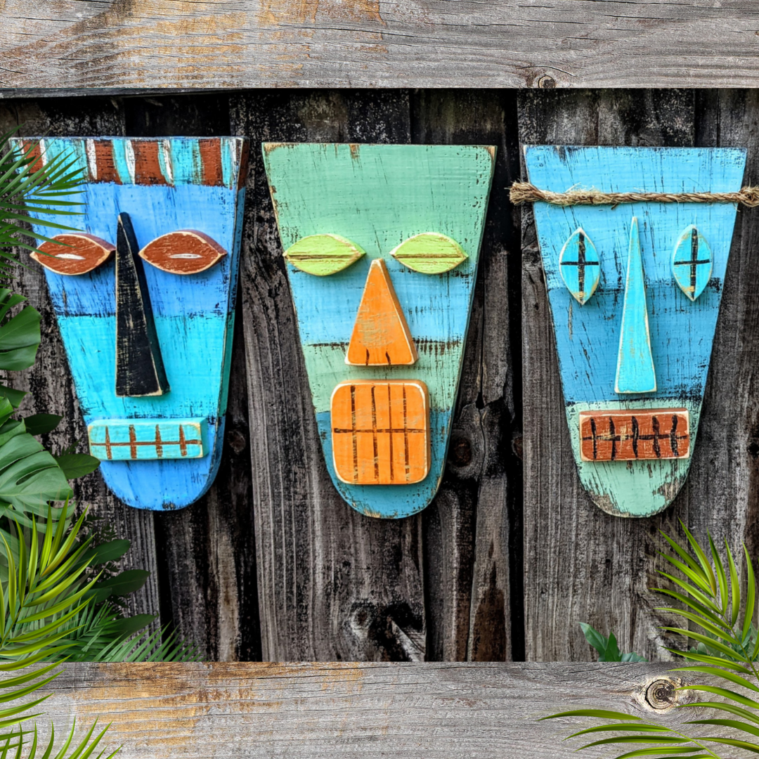 Tropical Tiki Bar Decor Island Style Wooden Tribal Mask Set Rustic Coastal Beach Wedding Accent Hawaiian Wall Hanging Whimsical Gift idea