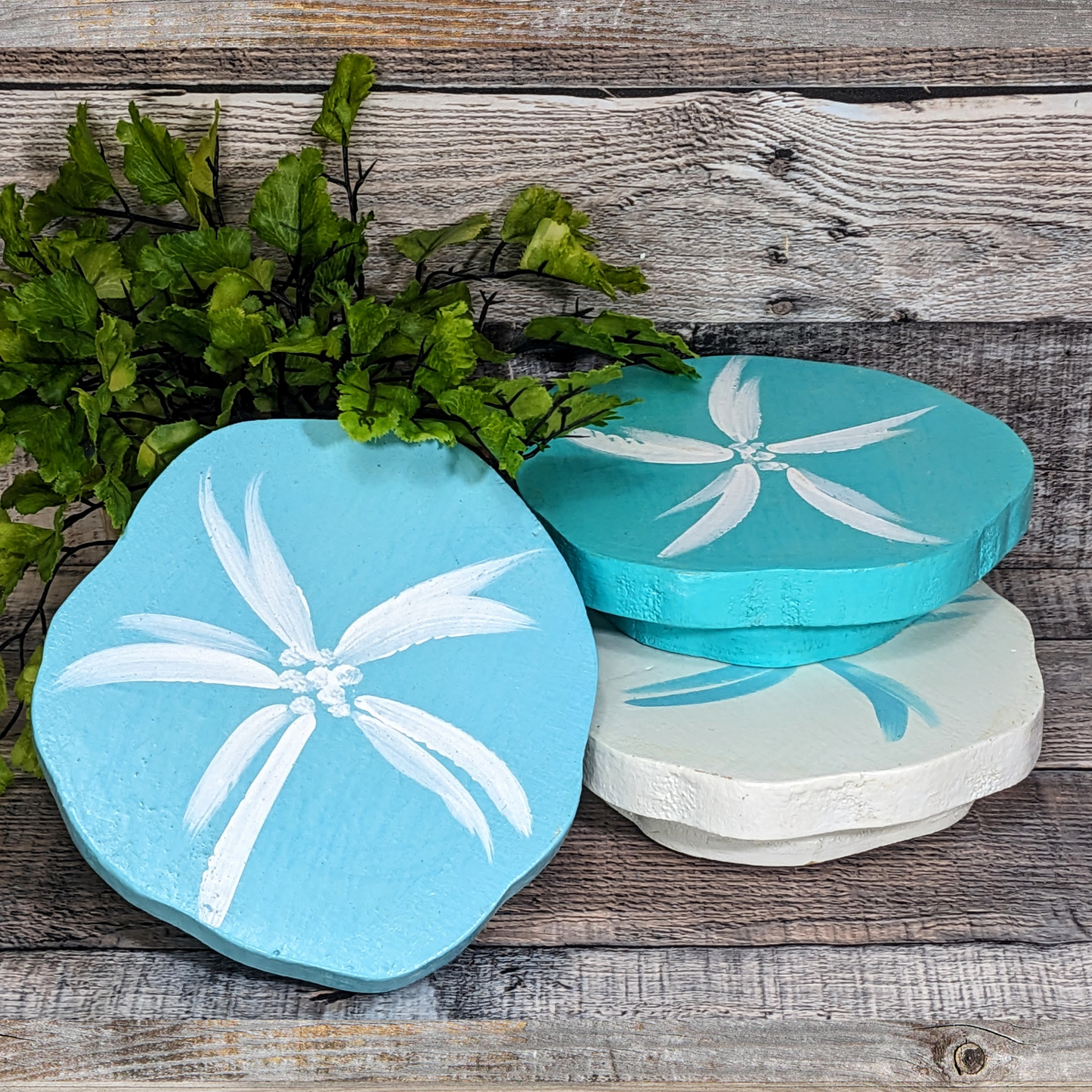 Coastal Farmhouse Housewarming Gift Idea Ocean Themed Sand Dollar Tiered Tray Riser Mini Rustic Wood Candle Platform Beach House Style