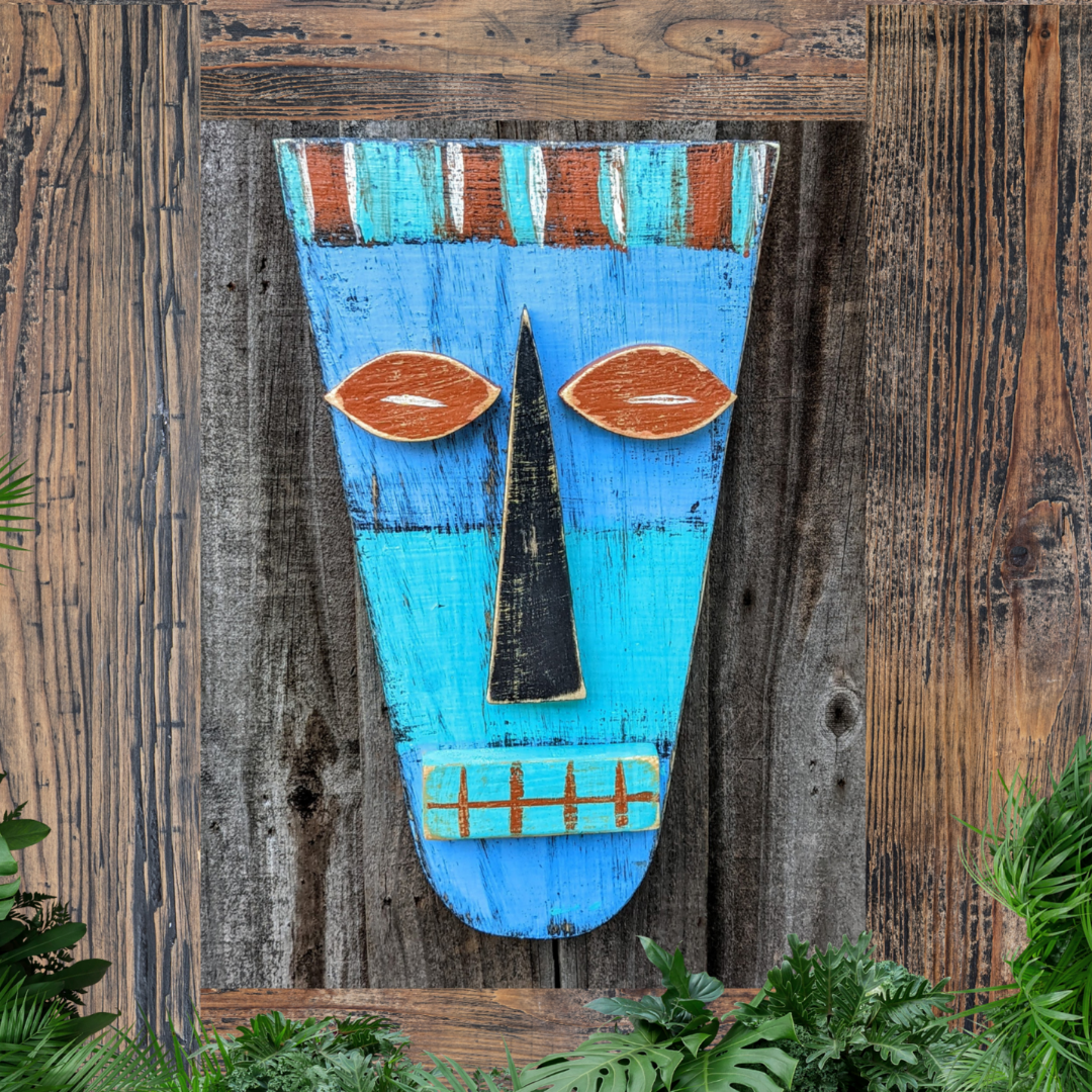 Tropical Tiki Bar Decor Island Style Wooden Tribal Mask Set Rustic Coastal Beach Wedding Accent Hawaiian Wall Hanging Whimsical Gift idea