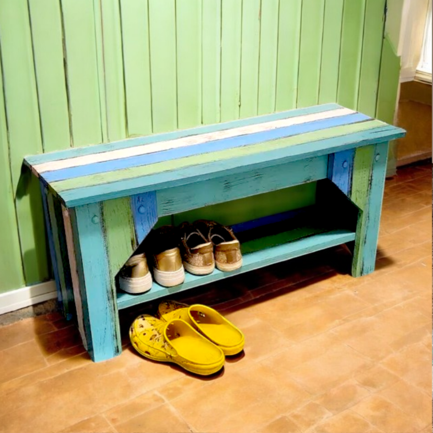 Beach House Style Entryway Indoor Coastal Bench Farmhouse Kitchen Table Seating Mudroom Shoe Storage Covered Porch Rustic Country Bench