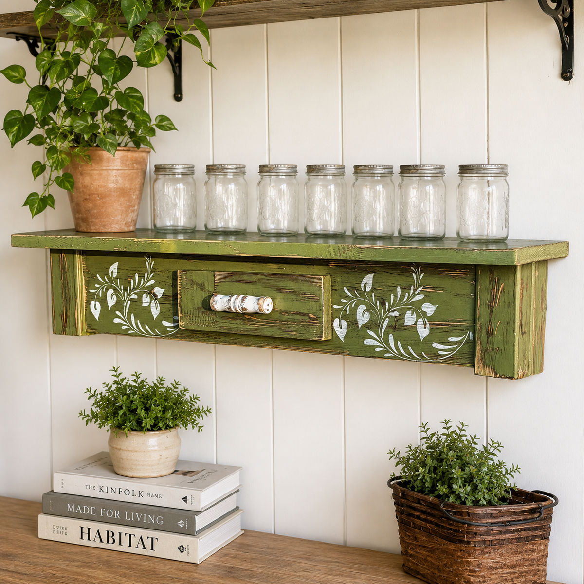Olive Green Wooden Shelf with Vine Stenciling