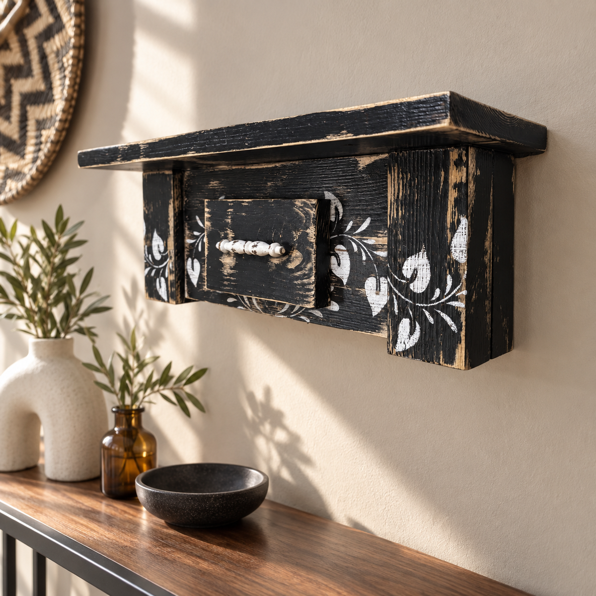 Rustic Black Wooden Shelf with Vine Stenciling