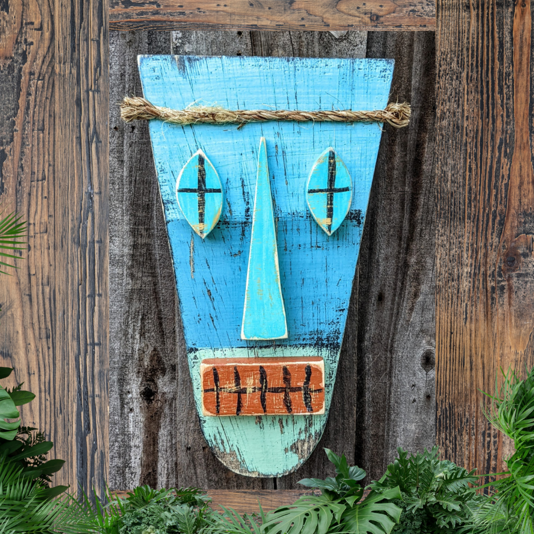 Tropical Tiki Bar Decor Island Style Wooden Tribal Mask Set Rustic Coastal Beach Wedding Accent Hawaiian Wall Hanging Whimsical Gift idea