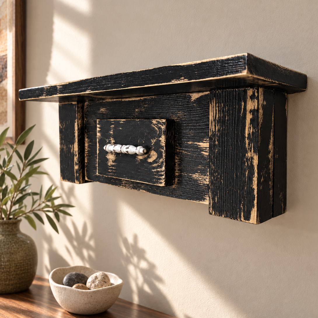 Rustic Black Wooden Shelf with Vine Stenciling
