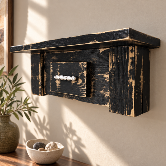 Rustic Black Wooden Shelf with Vine Stenciling