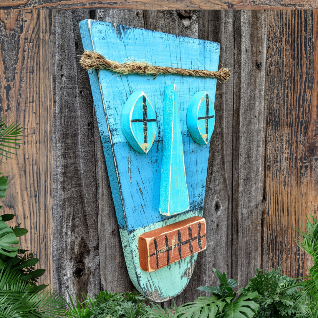 Tropical Tiki Bar Decor Island Style Wooden Tribal Mask Set Rustic Coastal Beach Wedding Accent Hawaiian Wall Hanging Whimsical Gift idea